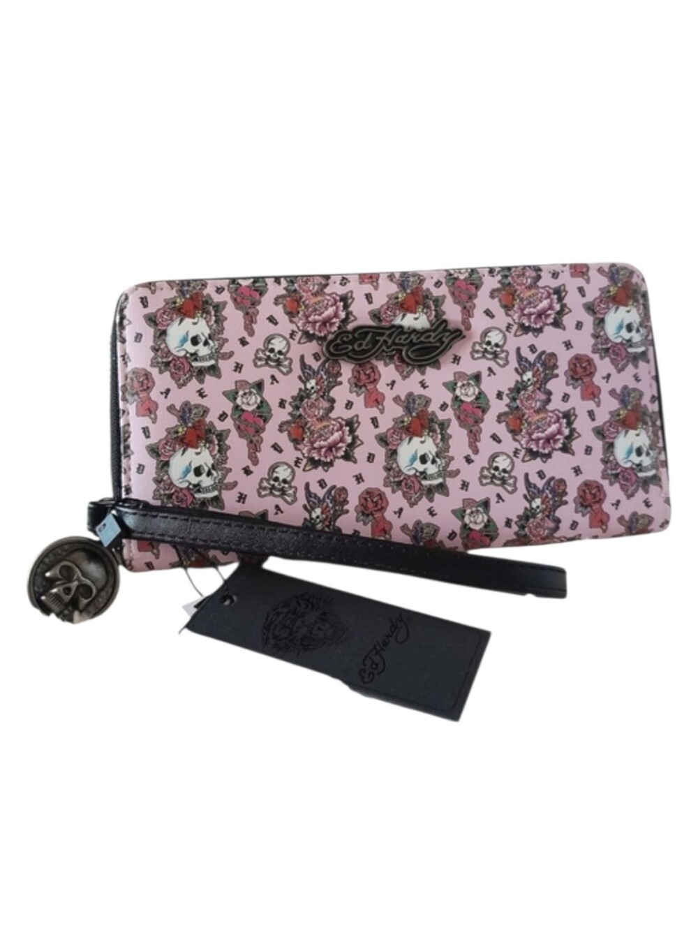Ed Hardy Pink Skull Floral Tattoo Wallet Wristlet Y2K Skull Charm